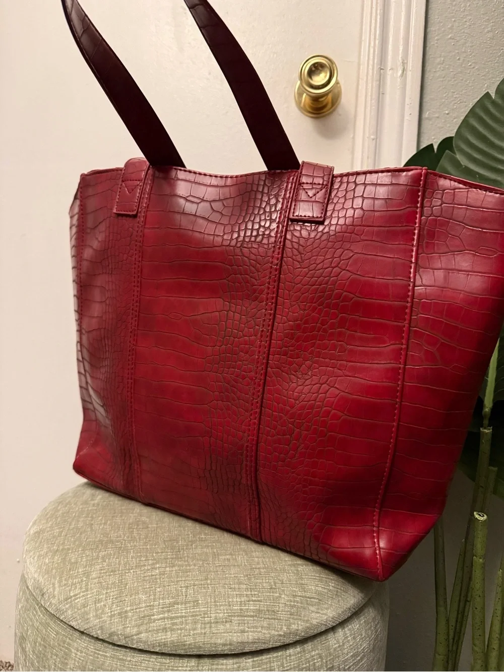 Vintage Neiman Marcus Red Croc-Embossed Large Tote Shoulder Bag